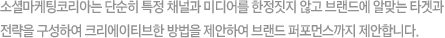 소셜마케팅코리아는 단순히 특정 채널과 미디어를 한정짓지 않고 브랜드에 알맞는 타겟과 전략을 구성하여 크리에이티브한 방법을 제안하여 브랜드 퍼포먼스까지 책임집니다.